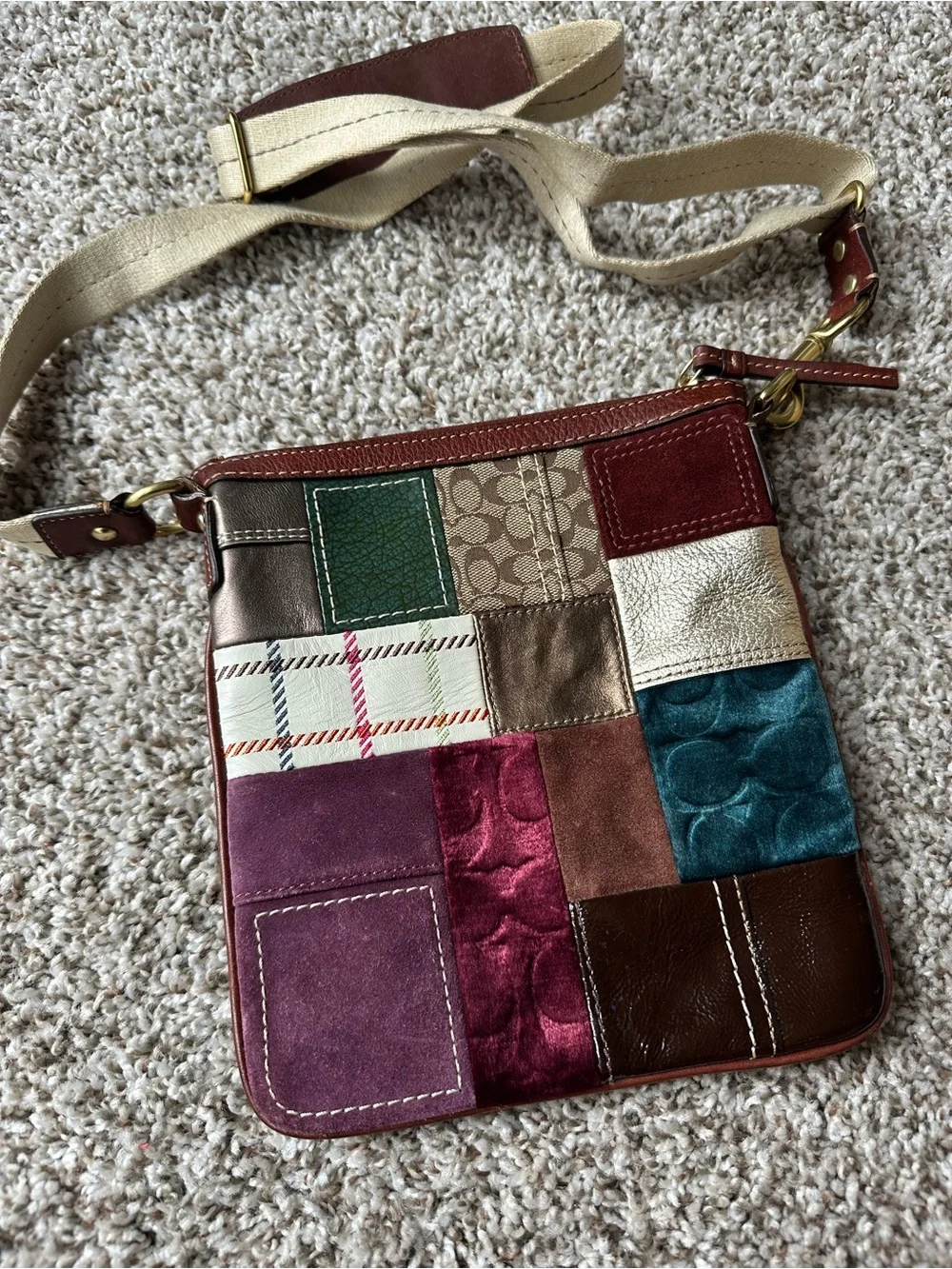 Coach Patchwork Crossbody Bag in Burgundy, Teal, Brown and Cream